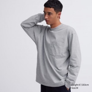 T Shirts Uniqlo Washed Cotton Crew Neck Long-sleeve Homme Grise | 5708686