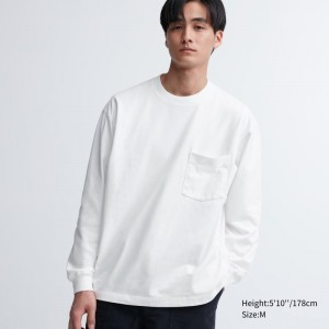 T Shirts Uniqlo Washed Cotton Crew Neck Long-sleeve Homme Blanche | 8507868