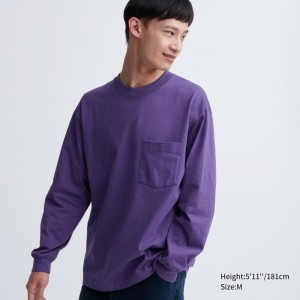 T Shirts Uniqlo Washed Cotton Crew Neck Long-sleeve Homme Violette | 5698682
