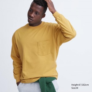 T Shirts Uniqlo Washed Cotton Crew Neck Long-sleeve Homme Jaune | 7151689