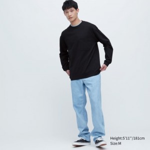 T Shirts Uniqlo Washed Cotton Crew Neck Long-sleeve Homme Noir | 1382393