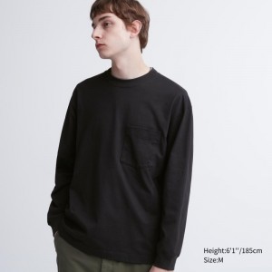 T Shirts Uniqlo Washed Cotton Crew Neck Long-sleeve Homme Noir | 7436516