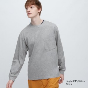 T Shirts Uniqlo Washed Cotton Crew Neck Long-sleeve Homme Grise | 5505762