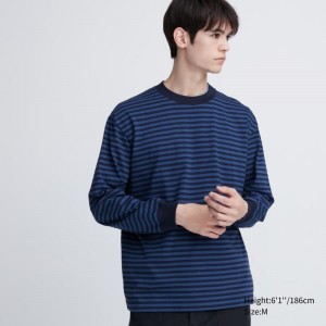 T Shirts Uniqlo Washed Cotton Oversized Crew Neck Long-sleeve Striped Homme Bleu Marine | 5184778