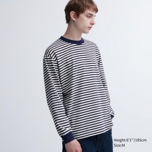 T Shirts Uniqlo Washed Cotton Oversized Crew Neck Long-sleeve Striped Homme Blanche | 9992192