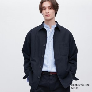 Vestes Uniqlo Cotton Linen Over Shirt Homme Bleu Marine | 1981160