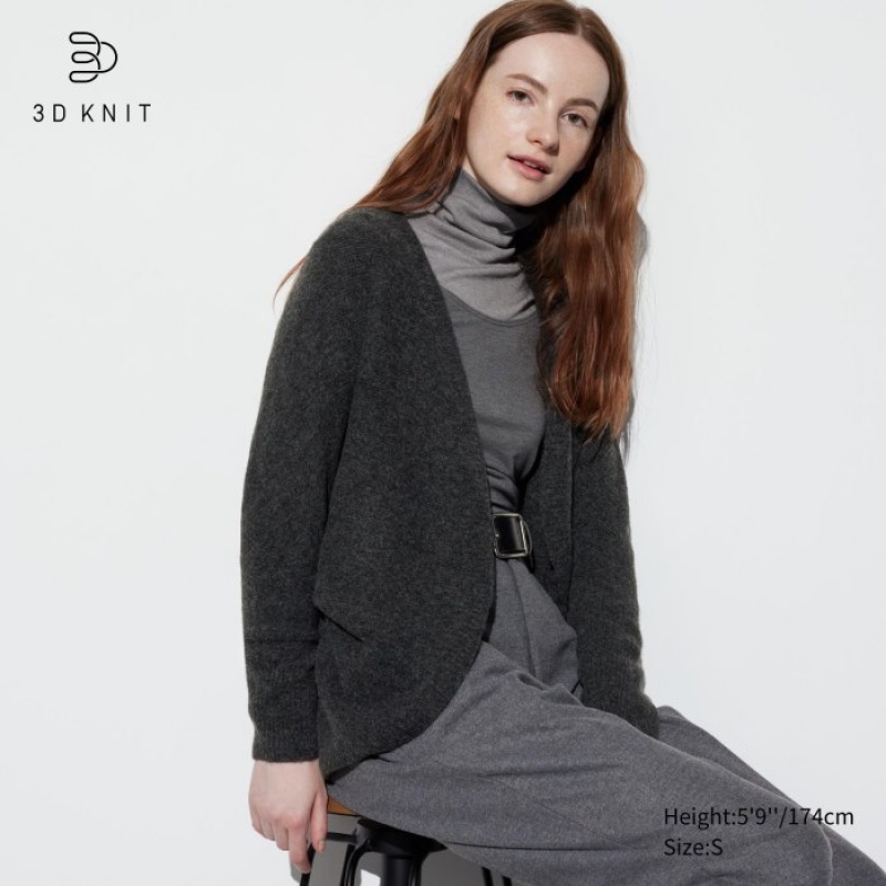 Cardigan Uniqlo 3D Knit Souffle Yarn Long-Sleeve Femme Grise | 8022735