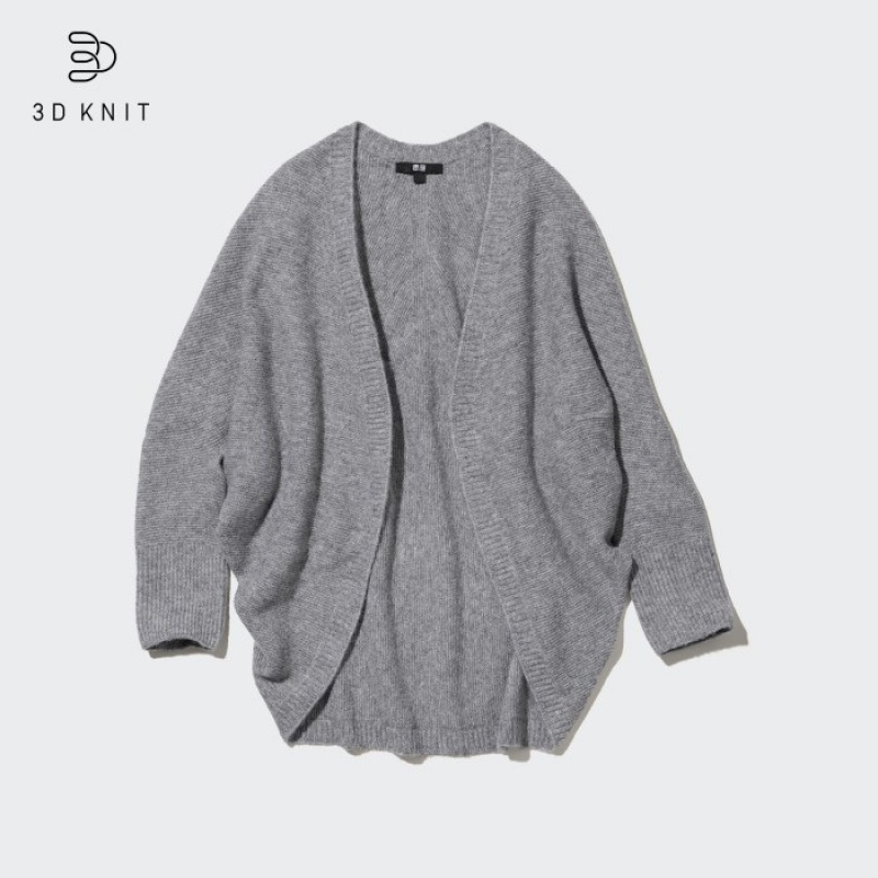 Cardigan Uniqlo 3D Knit Souffle Yarn Long-Sleeve Femme Grise | 3009689