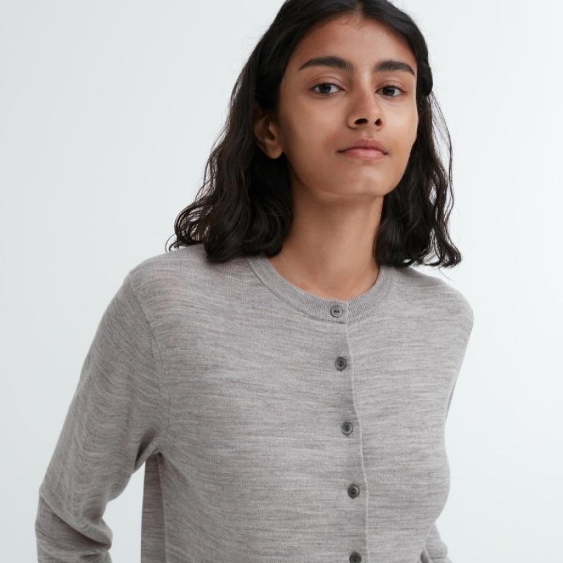 Cardigan Uniqlo Extra Fine Merino Crew Neck Femme Grise | 5624301