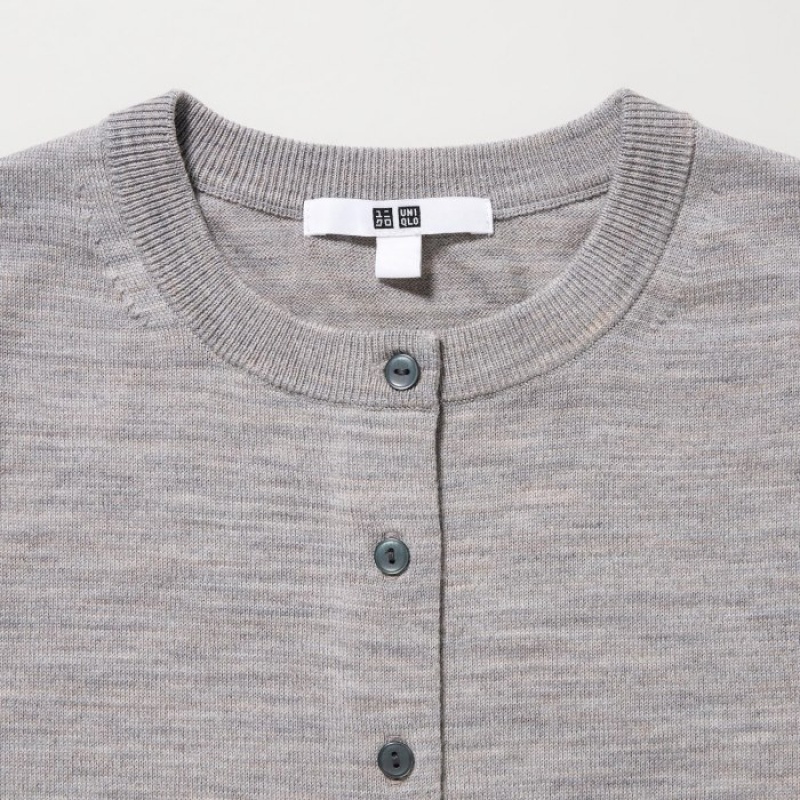 Cardigan Uniqlo Extra Fine Merino Crew Neck Femme Grise | 5624301