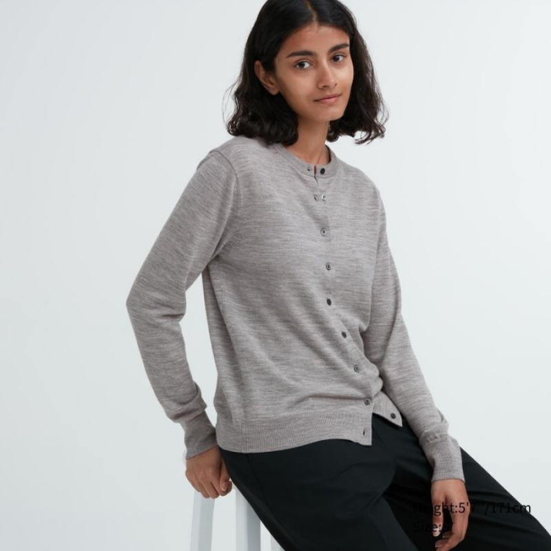 Cardigan Uniqlo Extra Fine Merino Crew Neck Femme Grise | 5624301