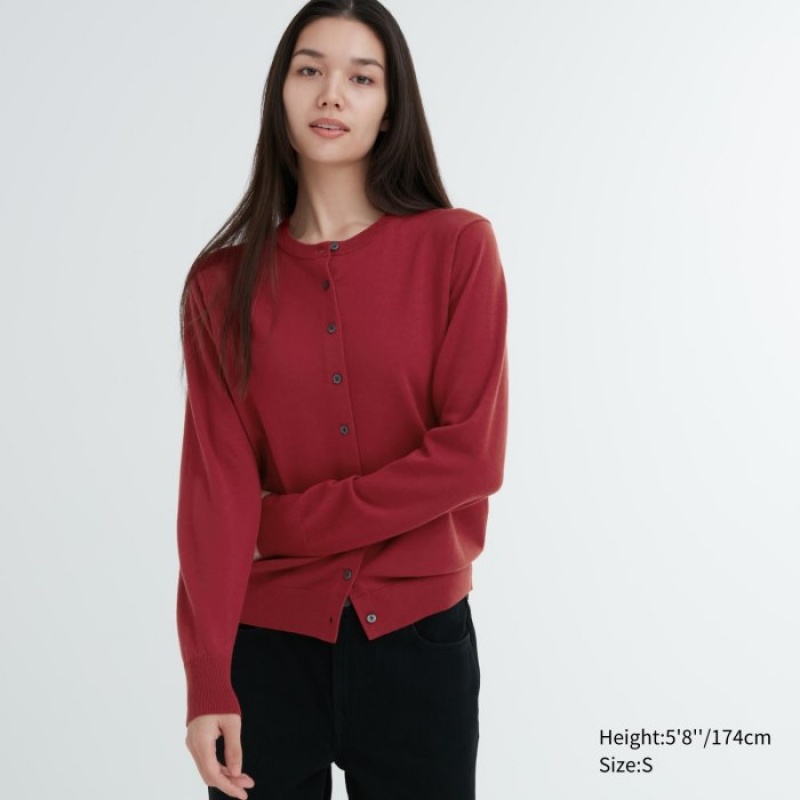 Cardigan Uniqlo Extra Fine Merino Crew Neck Femme Rouge | 3085227