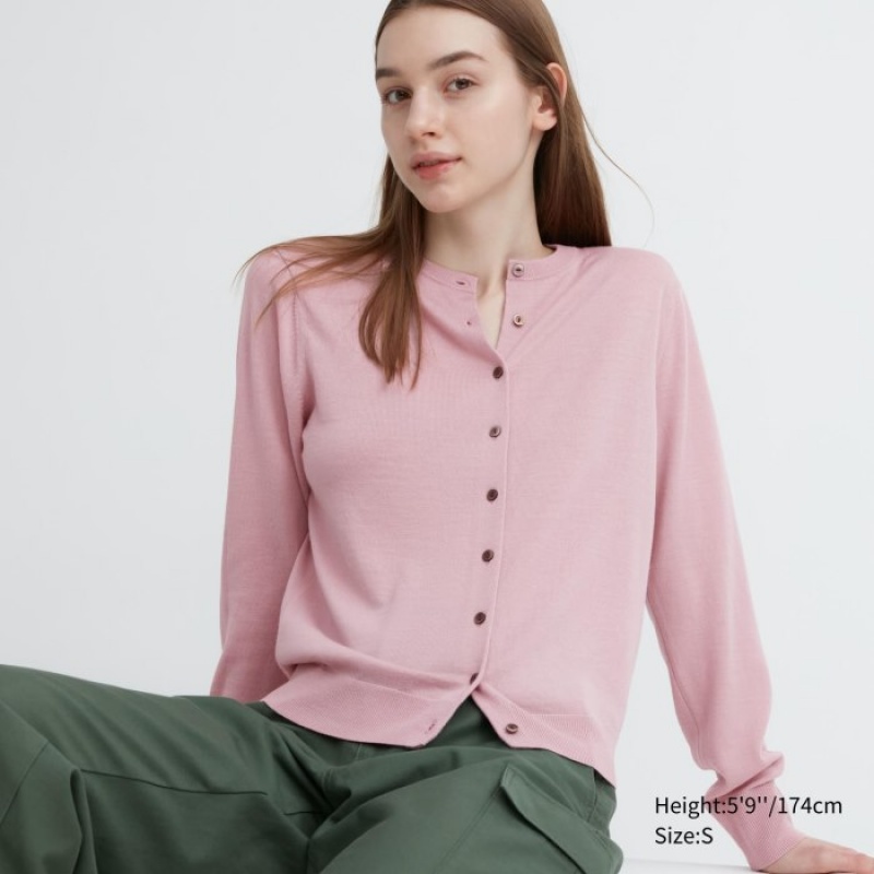 Cardigan Uniqlo Extra Fine Merino Crew Neck Femme Rose | 2529736