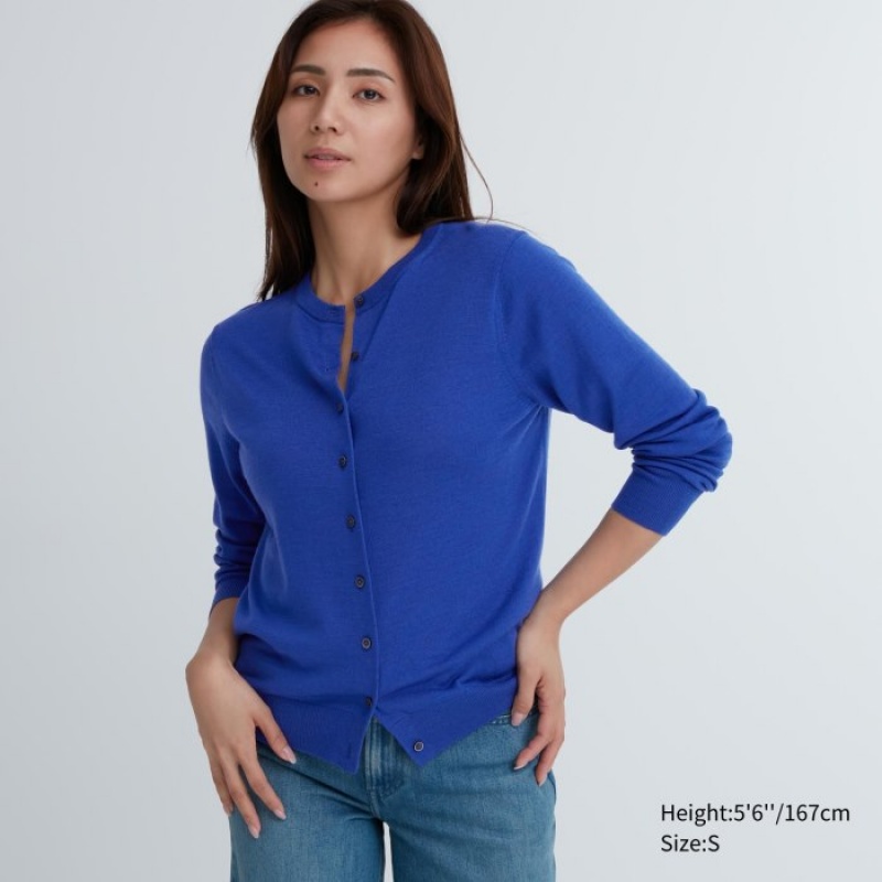Cardigan Uniqlo Extra Fine Merino Crew Neck Femme Bleu | 8372372