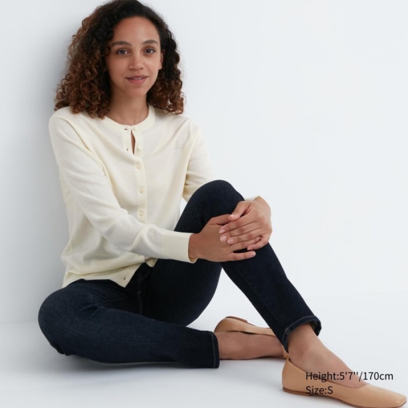 Cardigan Uniqlo Extra Fine Merino Crew Neck Femme Blanche | 3621551