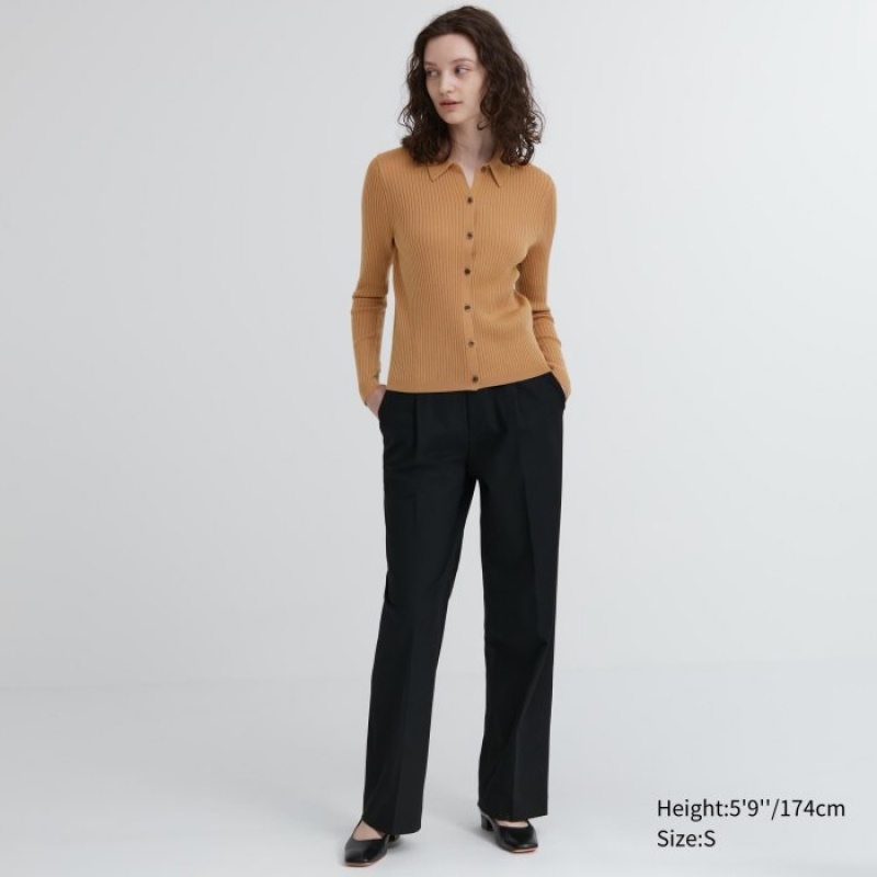 Cardigan Uniqlo Extra Fine Merino Ribbed Polo Femme Beige | 1704575