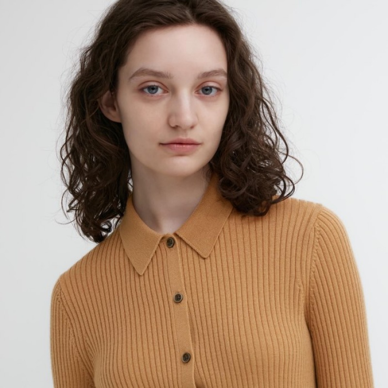 Cardigan Uniqlo Extra Fine Merino Ribbed Polo Femme Beige | 1704575