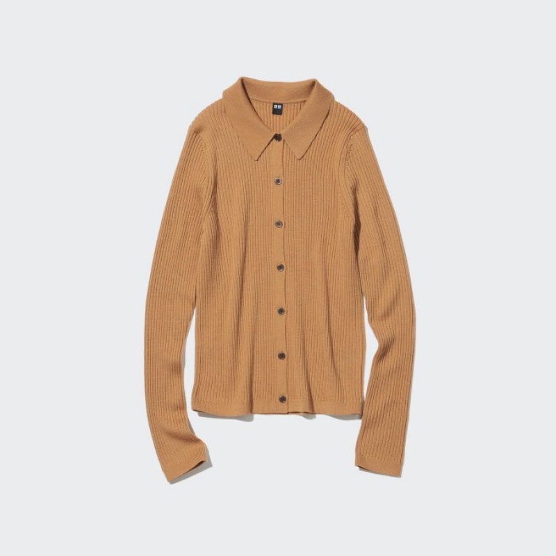 Cardigan Uniqlo Extra Fine Merino Ribbed Polo Femme Beige | 1704575