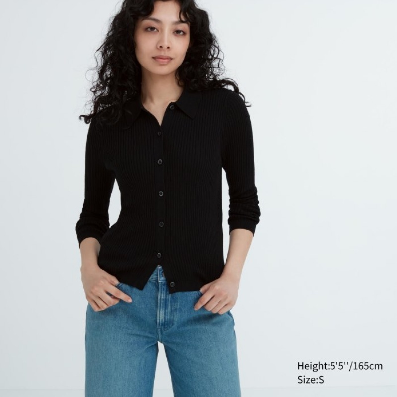 Cardigan Uniqlo Extra Fine Merino Ribbed Polo Femme Noir | 7457071