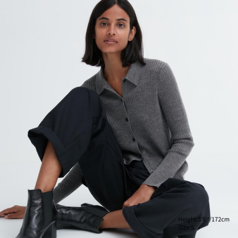 Cardigan Uniqlo Extra Fine Merino Ribbed Polo Femme Grise | 538776