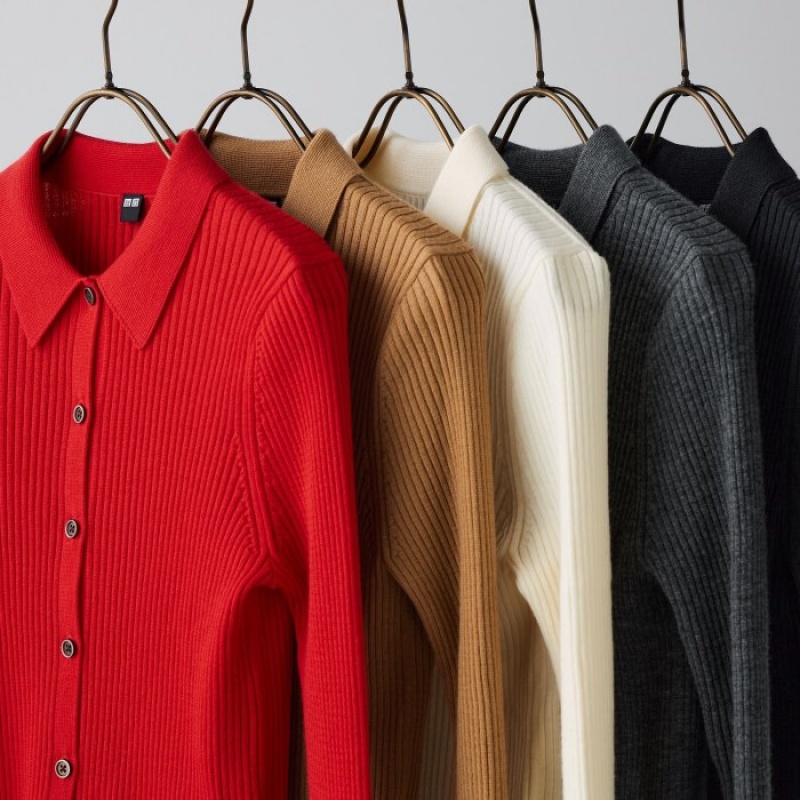 Cardigan Uniqlo Extra Fine Merino Ribbed Polo Femme Rouge | 7949612