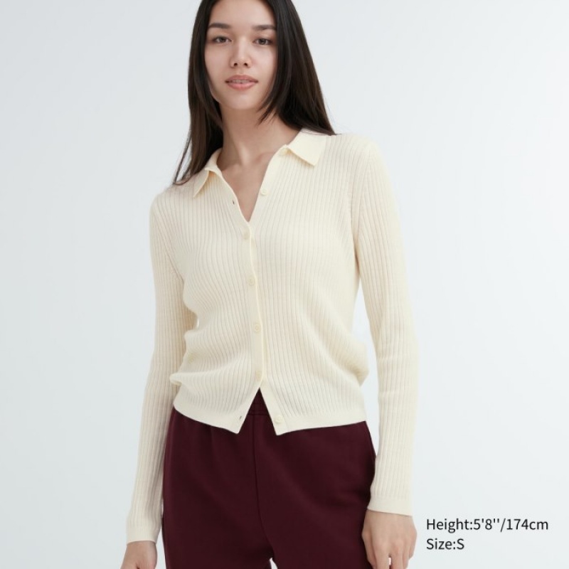 Cardigan Uniqlo Extra Fine Merino Ribbed Polo Femme Blanche | 5458555