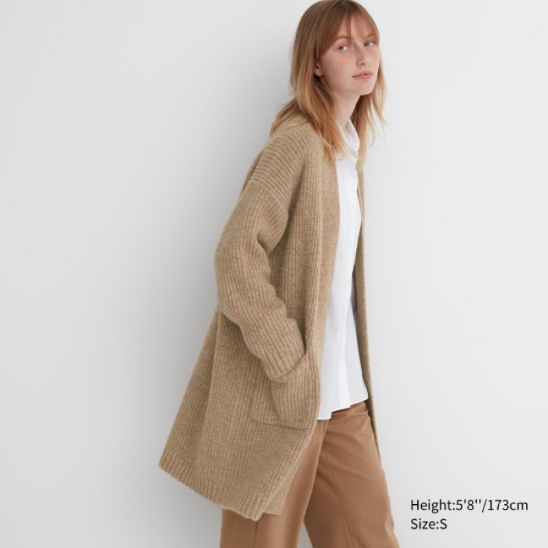 Cardigan Uniqlo Knitted Long Femme Beige | 7971423
