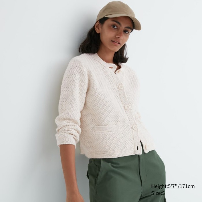 Cardigan Uniqlo Knitted Short Femme Blanche | 8006935