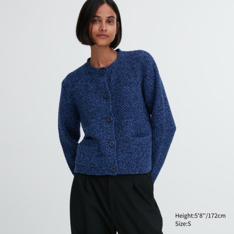 Cardigan Uniqlo Knitted Short Femme Bleu | 6760112