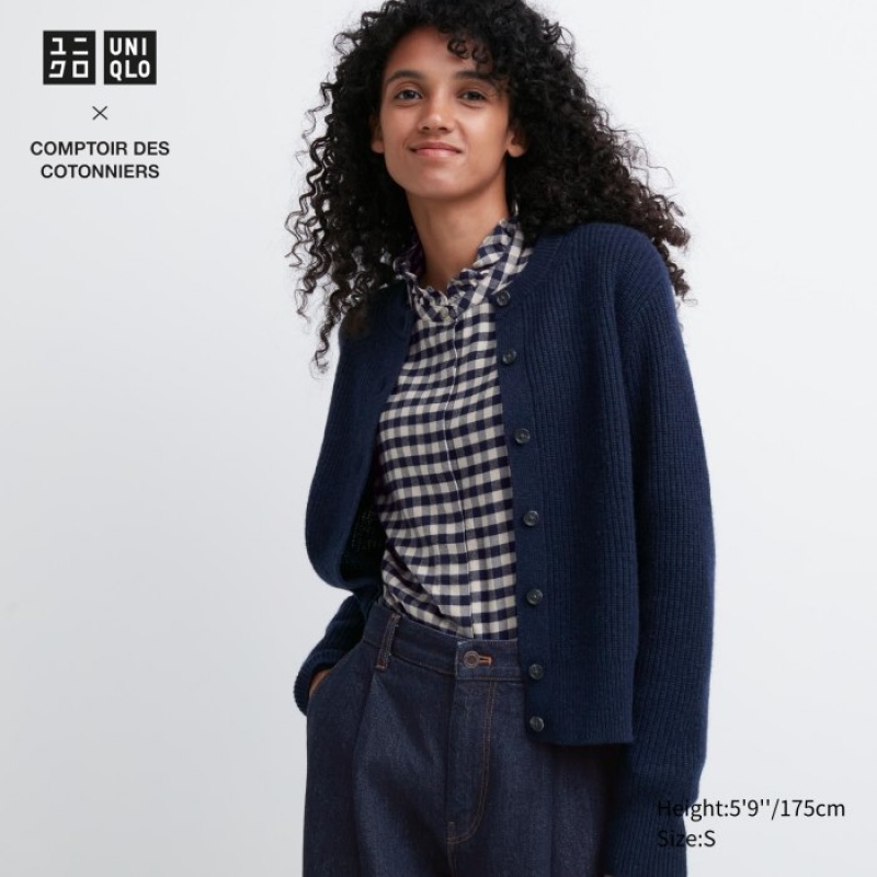 Cardigan Uniqlo Premium Lambswool Long-Sleeve Femme Bleu Marine | 7698839