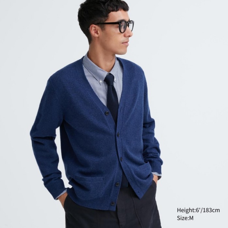 Cardigan Uniqlo Premium Lambswool V-Neck Femme Bleu | 9061857