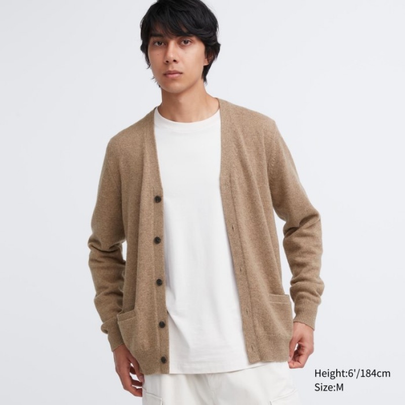 Cardigan Uniqlo Premium Lambswool V-Neck Femme Beige | 6864767
