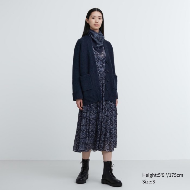 Cardigan Uniqlo Soft Knit V-Neck Flare Long-Sleeve Femme Bleu Marine | 6329552
