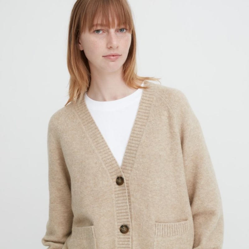 Cardigan Uniqlo Souffle Yarn Short Femme Beige | 402092