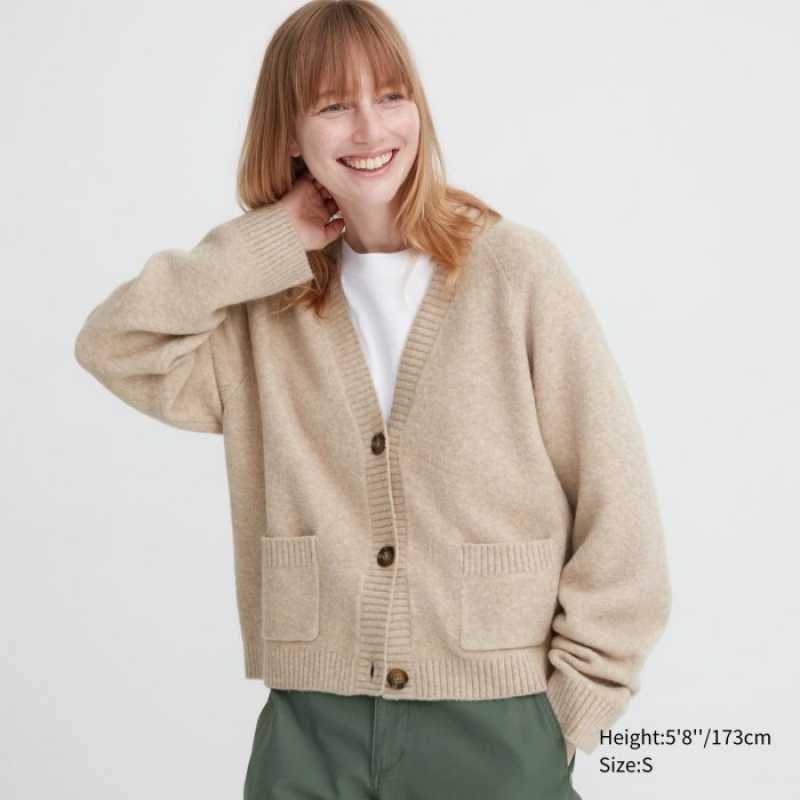 Cardigan Uniqlo Souffle Yarn Short Femme Beige | 402092