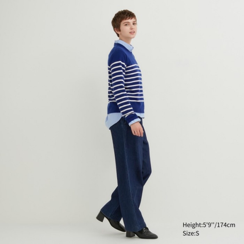 Chandails Uniqlo Cashmere Striped Crew Neck Long-Sleeve Femme Bleu | 92048