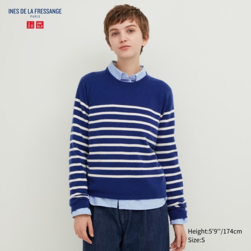 Chandails Uniqlo Cashmere Striped Crew Neck Long-Sleeve Femme Bleu | 92048