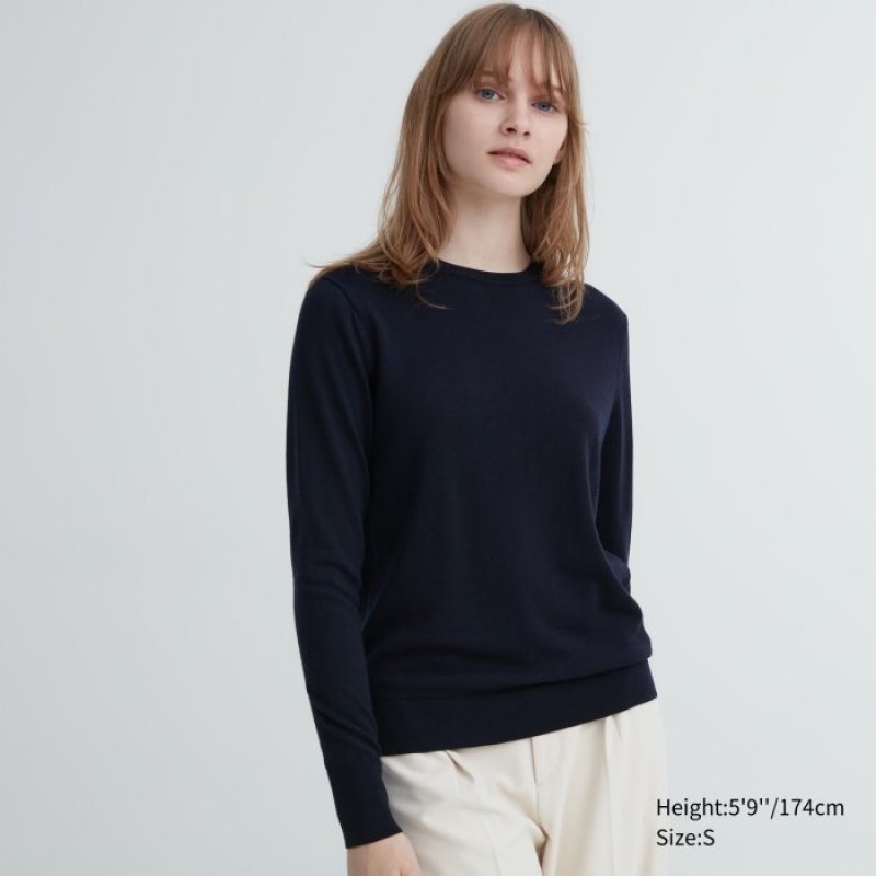 Chandails Uniqlo Extra Fine Merino Crew Neck Long-Sleeve Femme Bleu Marine | 9339705
