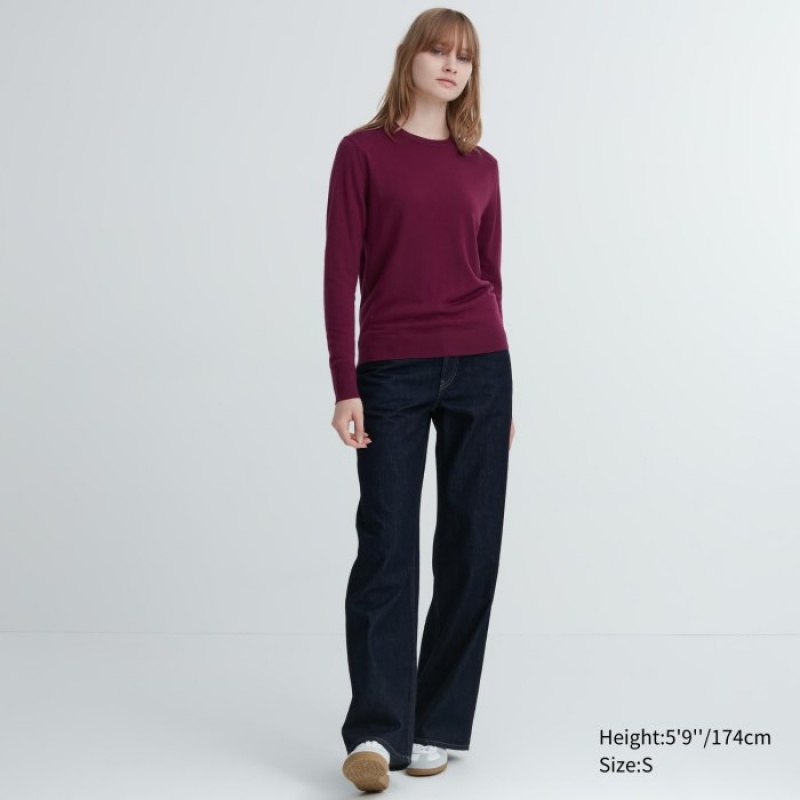 Chandails Uniqlo Extra Fine Merino Crew Neck Long-Sleeve Femme Rouge | 648741