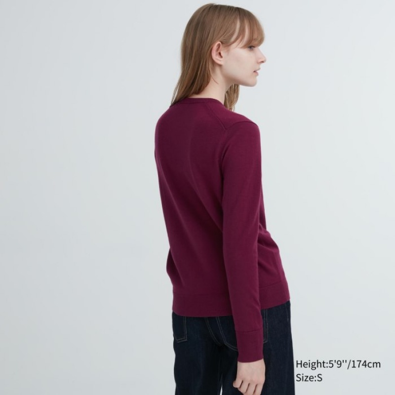 Chandails Uniqlo Extra Fine Merino Crew Neck Long-Sleeve Femme Rouge | 648741