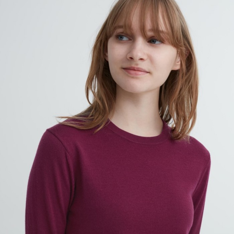 Chandails Uniqlo Extra Fine Merino Crew Neck Long-Sleeve Femme Rouge | 648741