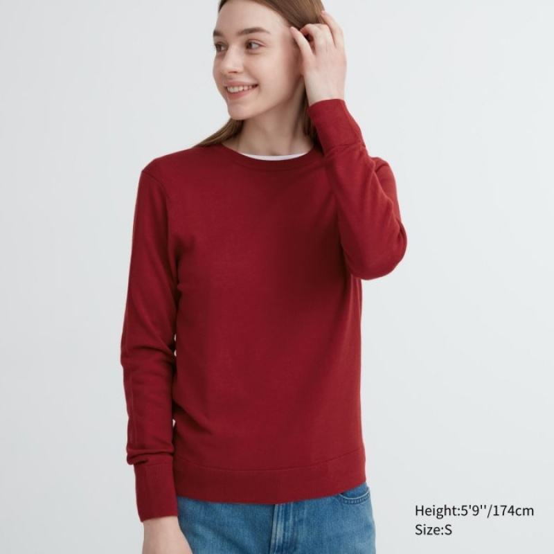 Chandails Uniqlo Extra Fine Merino Crew Neck Long-Sleeve Femme Rouge | 648741