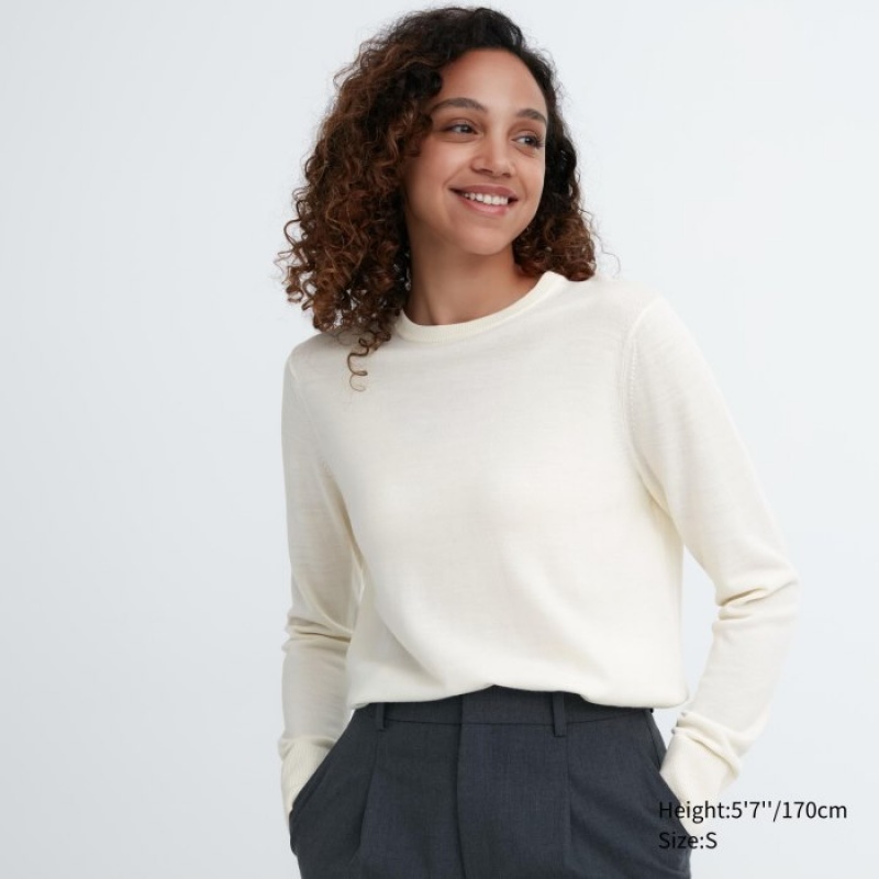 Chandails Uniqlo Extra Fine Merino Crew Neck Long-Sleeve Femme Blanche | 6740275
