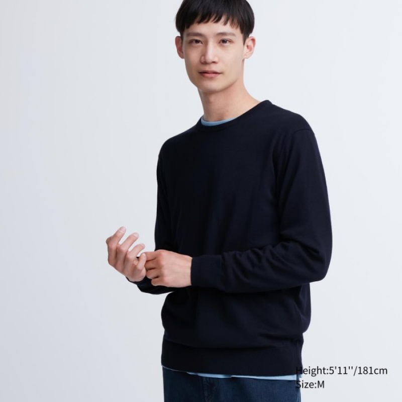Chandails Uniqlo Extra Fine Merino Crew Neck Long-Sleeve Femme Bleu Marine | 6607874