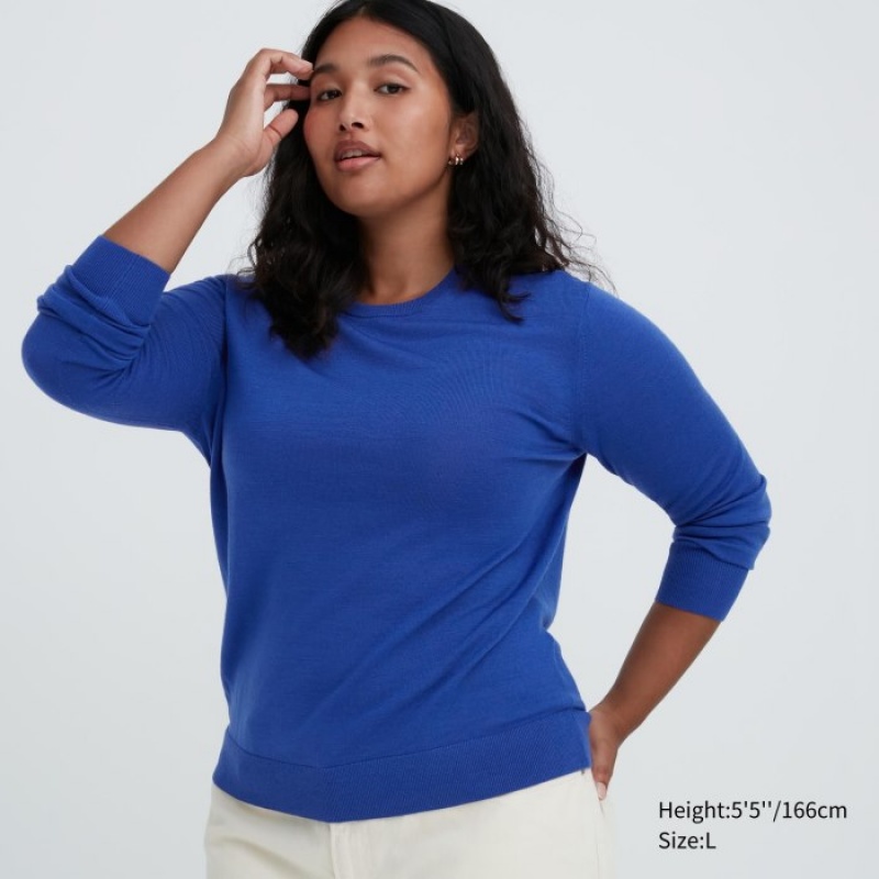 Chandails Uniqlo Extra Fine Merino Crew Neck Long-Sleeve Femme Bleu | 417869