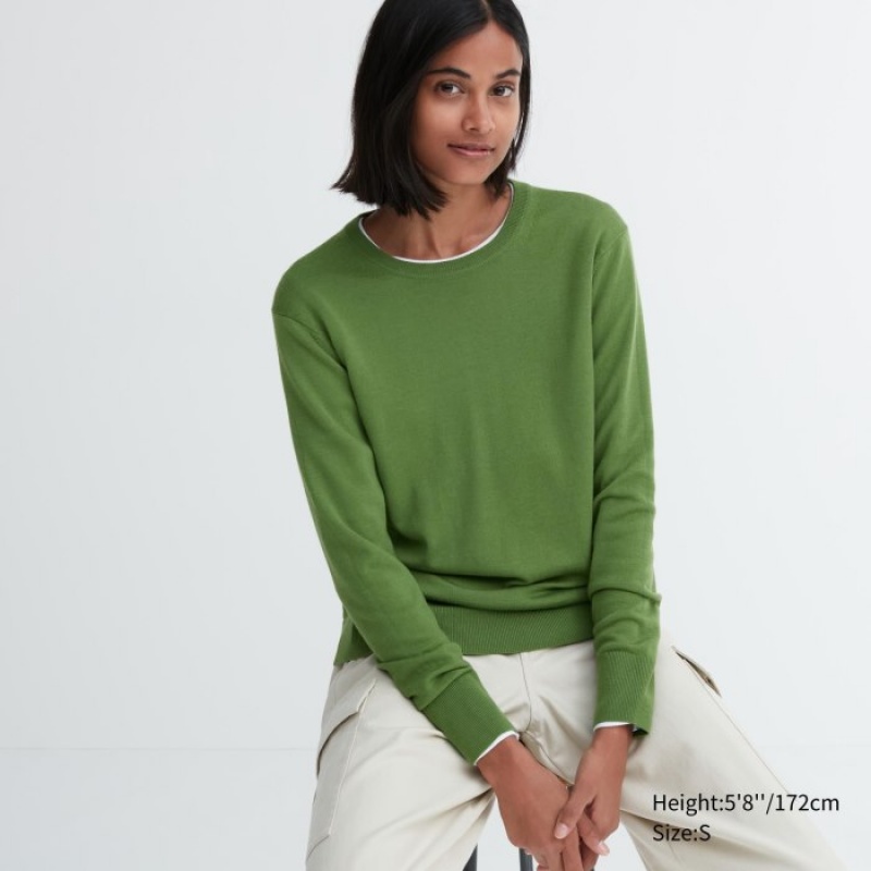 Chandails Uniqlo Extra Fine Merino Crew Neck Long-Sleeve Femme Vert | 2190268