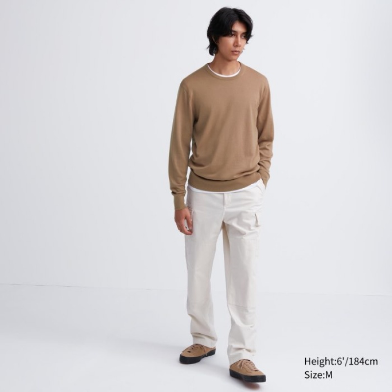 Chandails Uniqlo Extra Fine Merino Crew Neck Long-Sleeve Femme Beige | 9958402