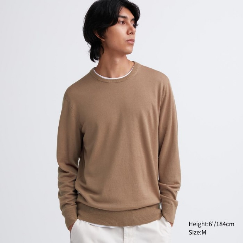 Chandails Uniqlo Extra Fine Merino Crew Neck Long-Sleeve Femme Beige | 9958402