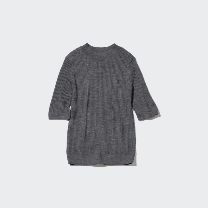 Chandails Uniqlo Extra Fine Merino Ribbed Mock Neck Half-Sleeve Femme Grise | 1853962
