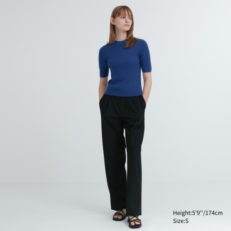 Chandails Uniqlo Extra Fine Merino Ribbed Mock Neck Half-Sleeve Femme Bleu | 4788907